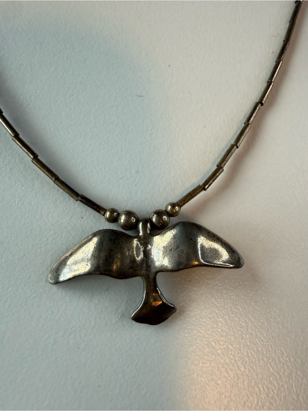 Vintage Silver Bird Pendant Necklace - Silver Beads